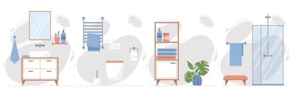 Shower room or bathroom interior design flat vector illustration. Shower cabin and heated towel rail, bathroom cabinet, and hanging toilet, sink, mirror, bathroom furniture and accessories.