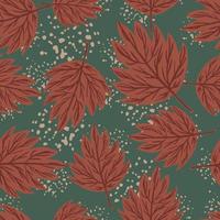 Forest nature seamless pattern with random ornament maroon leaves. Dark background with splashes. vector