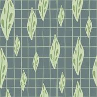 Decorative seamless pattern with doodle green leaves silhouettes print. Blue background with check. vector