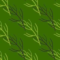patrón de garabato sin costura vintage con siluetas de ramas simples impresas. fondo verde brillante. vector