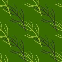 Vintage seamless doodle pattern with simple branches silhouettes print. Bright green background. vector