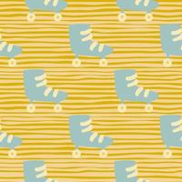 Seamless doodle patten with stylized blue roller shoes. Yellow stripped background. Sporty artwork. vector