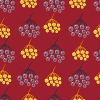 Seamless doodle simple pattern with wild ash berry ornament. Bright maroon background. vector