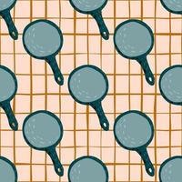 Simple cooking seamless pattern with pans silhouettes. Orange light chequered background. Kitchen artwork. vector