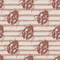 Scarab beetle silhouettes seamless pattern. Stylized bugs print in soft brown tones with stripped background. vector