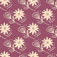 Abstract flower seamless pattern in line art style on pink background. Doodle floral wallpaper vector