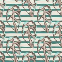 Pastel palette seamless pattern with marble monstera shapes. Striped background with white and turquoise lines. vector