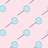 Tender seamless pattern with lollipop ornament. Blue candies on soft pink dotted background. vector