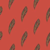 Botanic seamless nature pattern with green simple doodle leaf elements. Red background. Abstract style. vector