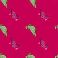 Green and purple parrot funny silhouettes semaless doodle pattern. Bright pink background. Zoo animal bird print. vector