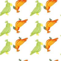 Green and orange colored parrots silhouettes seamless doodle pattern. White background. Isolated print. vector