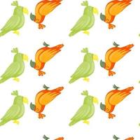 Green and orange colored parrots silhouettes seamless doodle pattern. White background. Isolated print. vector