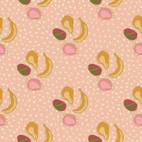 Natural organic fruits seamless pattern wirh doodle bananas, apples, plums and pears. Pink dotted background. vector