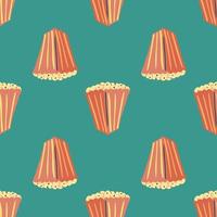 Minimalistic seamless pattern with doodle red popcorn elements. Stylized food shapes on turquoise background. vector
