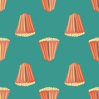 Minimalistic seamless pattern with doodle red popcorn elements. Stylized food shapes on turquoise background. vector