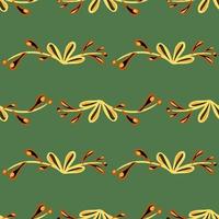 Pastel seamless pattern with orange colored floral branches elements. Pale green background. Doodle print. vector