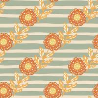 Decorative floral seamless pattern with diagonal orange folk flowers elements. Grey striped pale background. vector