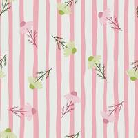 Blossom seamless pattern with meadow green and pink random camomile flowers print. Pink striped background. vector