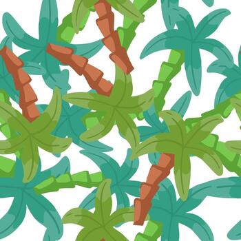 Isolated seamless pattern with random green and blue palm tree shapes. White background. Tropic backdrop. vector