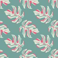 Seamless pattern with hand drawn monstera leaf. Light turquoise background with pink and light blue botanic ornament. vector