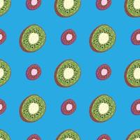 Contrast seamless pattern with doodle green and pink kiwi slices. Blue background. Funny design. vector