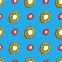 Contrast seamless pattern with doodle green and pink kiwi slices. Blue background. Funny design. vector