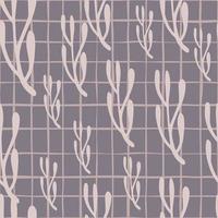 Nature botanic seamless pattern with random branches minimalistic shapes. Purple pale chequered background. vector