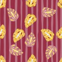 Yellow and pink colored folk monstera seamless pattern. Pink striped background. Floral summer backdrop. vector