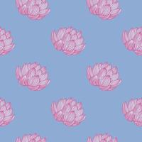 Creative japan nature seamless pattern with pink contoured lotus flower shapes. Blue pale background. vector