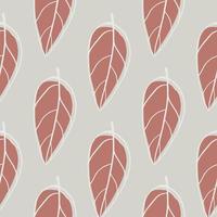 Minimalistic stylized botanic seamless pattern with leafs. Abstract outline ornament in pale maroon tone on grey background. vector