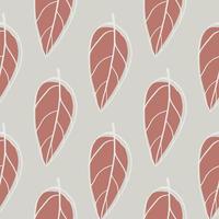 Minimalistic stylized botanic seamless pattern with leafs. Abstract outline ornament in pale maroon tone on grey background. vector