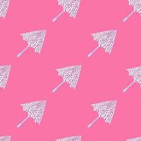 Rainy accessory seamless pattern with white dotted umbrellas. Pink backgound. vector