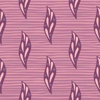 Simple style botanic seamless pattern with abstract leaves elements print. Purple and pink striped background. vector