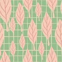 Random seamless pattern with pink simple leaf shapes. Green chequered background. Organic floral shapes. vector