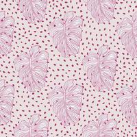 Pink pastel colors seamless pattern with monstera leaves print. Grey dotted background. Simple style. vector