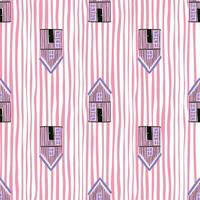 Lilac houses seamless pattern stylized print. Red and white stripped background. Creative backdrop. vector