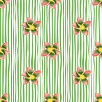 Modern plumeria flower seamless pattern on green stripe background. vector