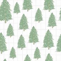 Forest tree elements seamless doodle pattern. Random green forest ornament on white background with check. vector