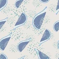 Random seamless pattern with hand drawn fig slice silhouettes. Blue fruits on background with splashes. vector