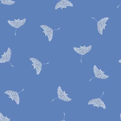 Decorative marine seamless pattern with random little stingray shapes. Pastel blue background.