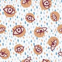 Hand drawn doodle seamless eye pattern. White backgrouns with multicolor drops and beige circles. vector