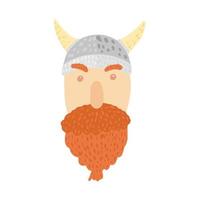 vikingo en casco con cuernos aislado sobre fondo blanco. dibujos animados lindo rostro vikingo con barba en estilo doodle. vector