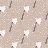 Doodle seamless pattern with medieval viking ax silhouettes. Beige background with dots. White hatchets with wood handle. vector