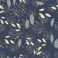 Bloom seamless pattern with random leaves and berries ornament. Navy blue background with splashes. vector