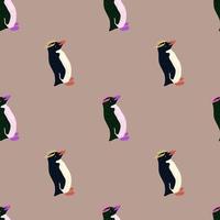 Arctic scrapbook seamless pattern with crested penguins print. Beige pale background. Animal artwork. vector