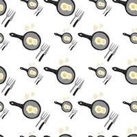 Isolated seamless breakfast pattern with eggs meal. Omelette on pan, knifes and folks on white background. vector