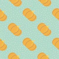 Seamless doodle pattern with diagonal located pumpkin print. Orange vegetables on blue background with dots. vector