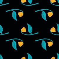 Contrast seamless floral pattern with yellow and blue colored elements. Black background. Bright botanic artwork. vector