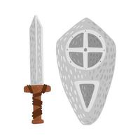 escudo y espada aislado sobre fondo blanco. arma linda de dibujos animados de vikingo en estilo doodle. vector