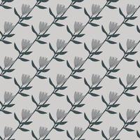 Seamless botanic pattern with tulip diagonal silhouettes. Light grey background. Simple backdrop in pale tones. vector